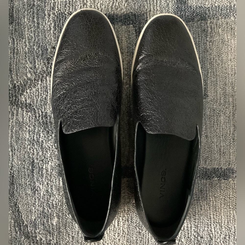 Vince black leather loafers, size 8.5. Slight patent leather look with texture.